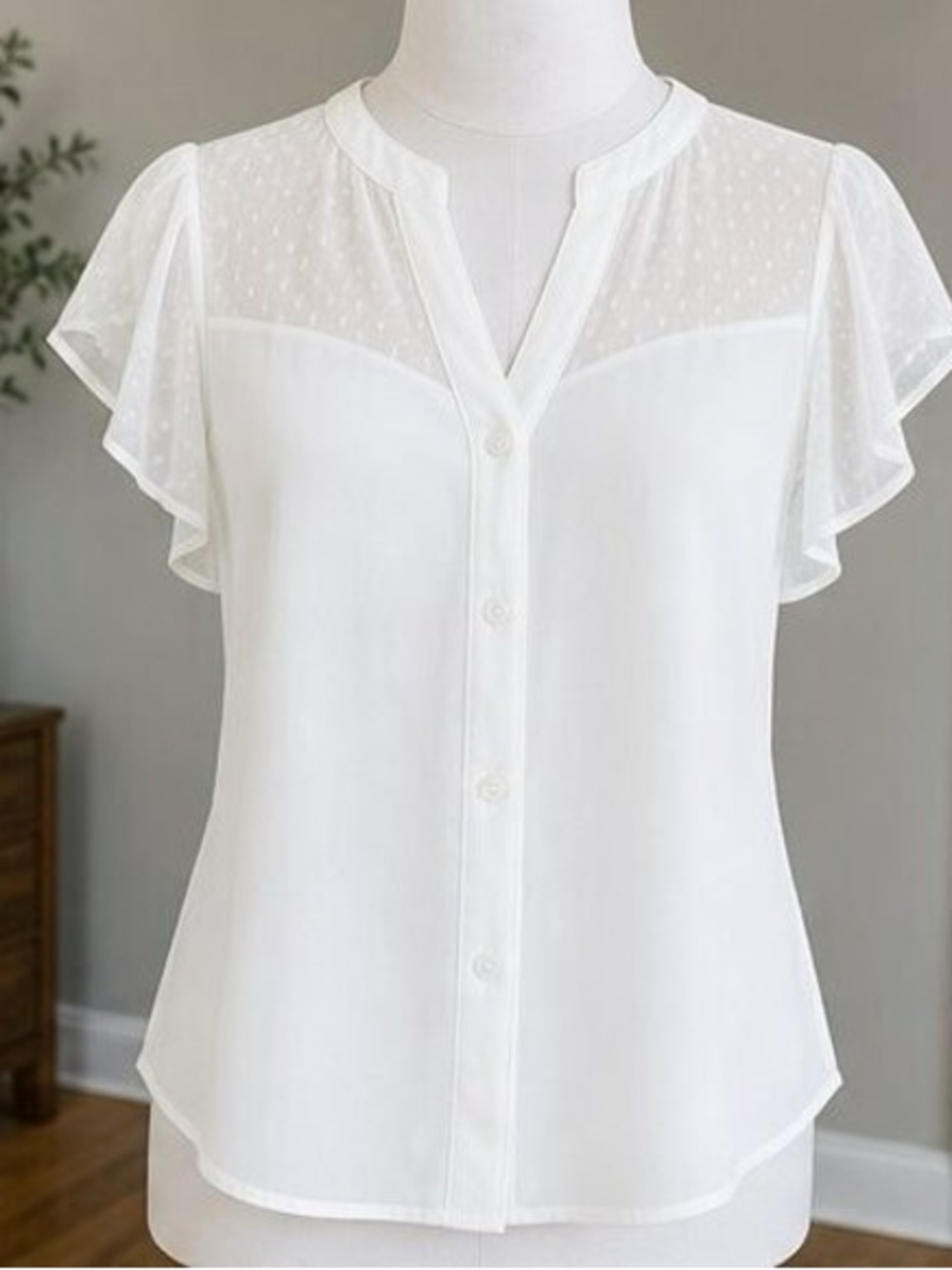 White Flutter Sleeve Button Front Blouse